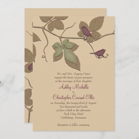 パープルグリーンバード葉ズ秋の結婚式招待状 招待状 (正面/裏面)