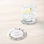 パープルグリーンパーソナライズされたフローラ結婚ズ ラウンドペーパーコースター (インサイチュ)