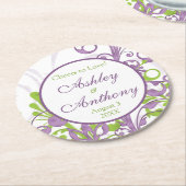 パープルグリーンパーソナライズされたフローラ結婚ズ ラウンドペーパーコースター (アングル)