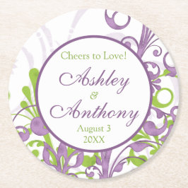 パープルグリーンパーソナライズされたフローラ結婚ズ ラウンドペーパーコースター