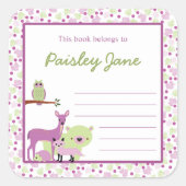 パープルグリーンフォレストアニマルズ蔵書票/本プレート スクエアシール (正面)