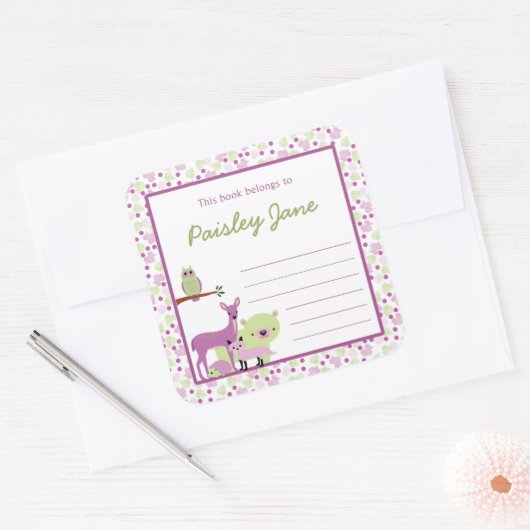 パープルグリーンフォレストアニマルズ蔵書票/本プレート スクエアシール (封筒)