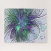 パープルグリーンフラワーモダン抽象芸術アートモノグラム ジグソーパズル (横)