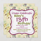 パープルグリーンフローラバースデーパーティ招待状 招待状 (正面/裏面)