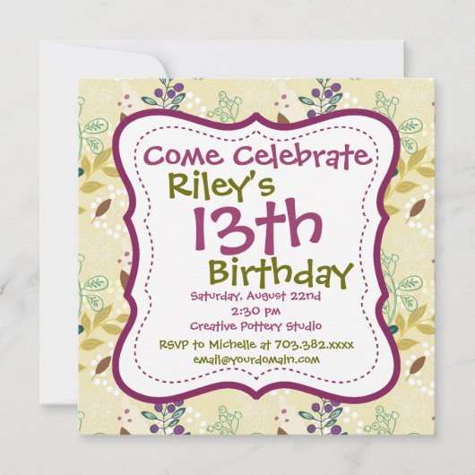 パープルグリーンフローラバースデーパーティ招待状 招待状 (正面)