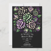 パープルグリーンブラックストライプフローラハロウィン結婚ズ 招待状 (正面)