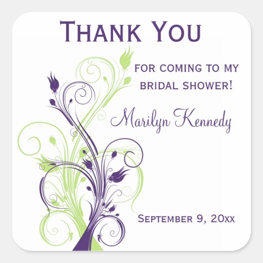 パープルグリーンホワイトフローラブライダルシャワーシール スクエアシール (正面)