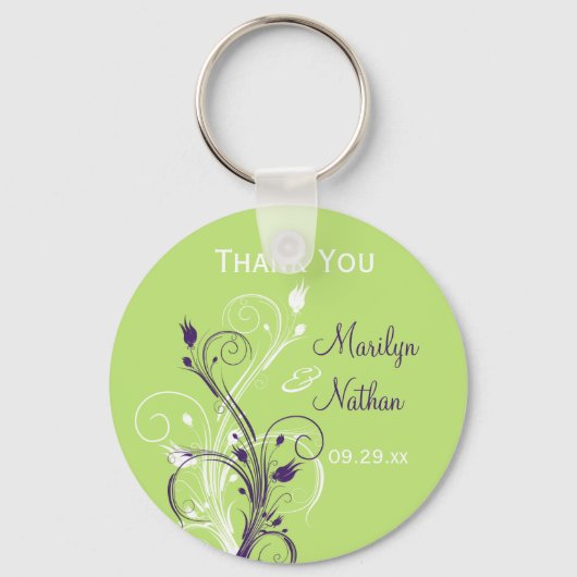 パープルグリーンホワイトフローラ結婚式の引き出物キーチェーン キーホルダー (正面)