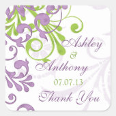 パープルグリーンホワイトフローラ結婚式の引き出物ラベル スクエアシール (正面)