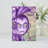 パープルグリーンマルディグラスビーズマスクマスカレードRSVP 出欠カード (スタンド正面)