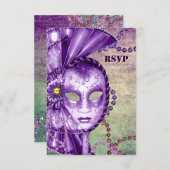 パープルグリーンマルディグラスビーズマスクマスカレードRSVP 出欠カード (正面/裏面)