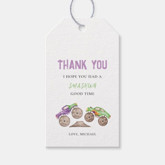 パープルグリーンモンスタートラック誕生日ギフトラベル ギフトタグ (正面)