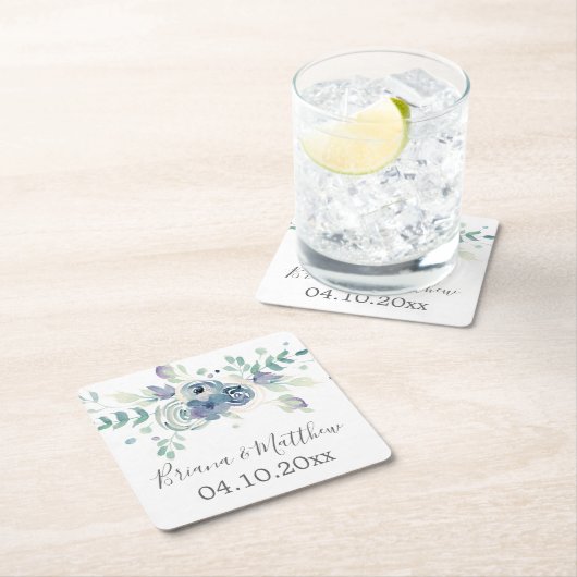 パープルグリーンリーフローラエレガントな結婚式 スクエアペーパーコースター (インサイチュ)