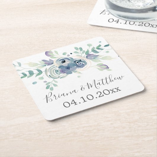 パープルグリーンリーフローラエレガントな結婚式 スクエアペーパーコースター (アングル)