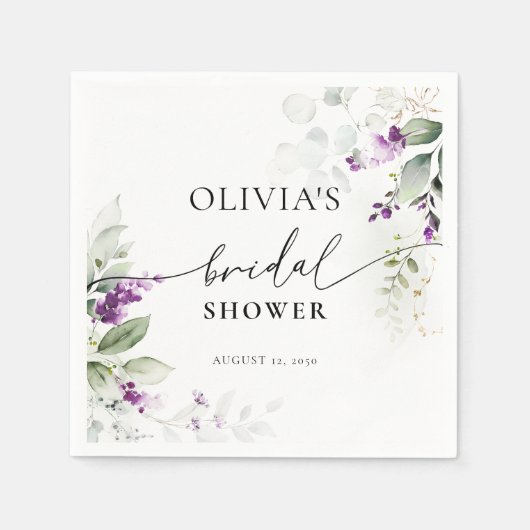 パープルグリーンリーラベンダーブライダルシャワーナプキンス スタンダードカクテルナプキン (正面)