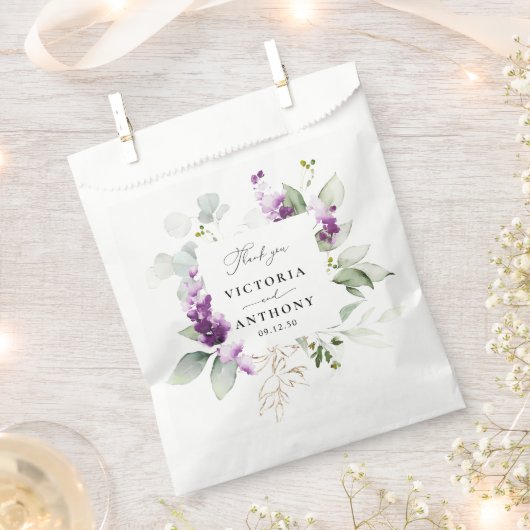 パープルグリーンリーラベンダー結婚式の引き出物バッグ フェイバーバッグ (クリップ留めされた状態)