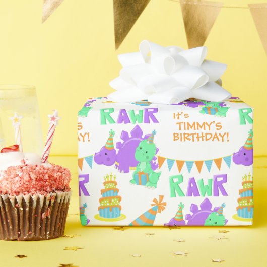 パープルグリーン恐竜パーティー子供の誕生日 ラッピングペーパー (誕生日パーティー)