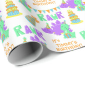 パープルグリーン恐竜パーティー子供の誕生日 ラッピングペーパー (ロールコーナー)