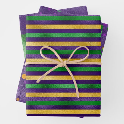 パープルグリーン金ゴールドマルディグラストライプス水玉模様 ラッピングペーパーシート (インサイチュ)