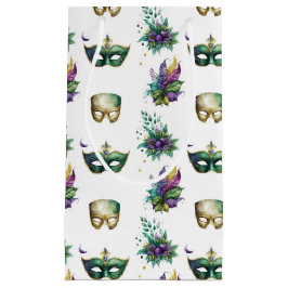 パープルグリーン金ゴールドマルディグラスマスクフェザー スモールペーパーバッグ