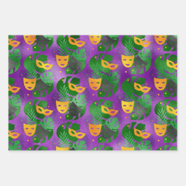 パープルグリーン金ゴールドマルディグラスマスクフェザー ラッピングペーパーシート