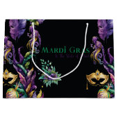 パープルグリーン金ゴールドマルディグラスマスクフェザー ラージペーパーバッグ (正面)