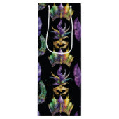 パープルグリーン金ゴールドマルディグラスマスクフェザー ワインギフトバッグ (正面)