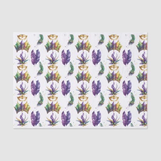 パープルグリーン金ゴールドマルディグラスマスクフェザー 薄葉紙 (正面)