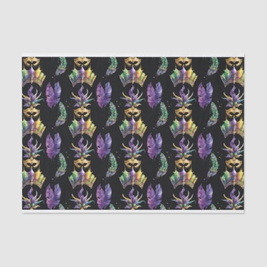 パープルグリーン金ゴールドマルディグラスマスクフェザー 薄葉紙 (正面)