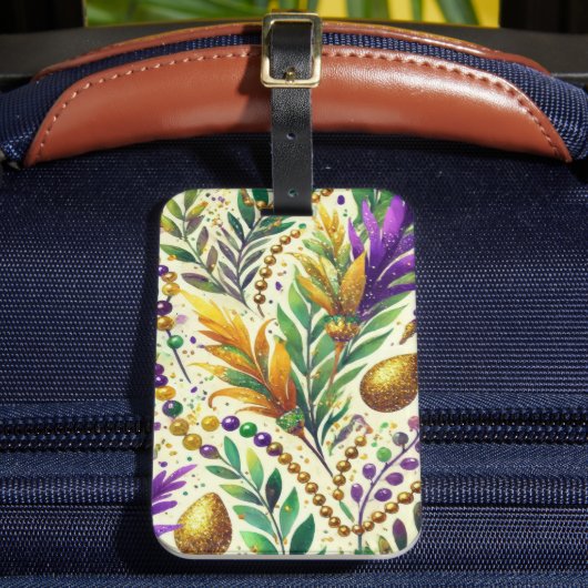 パープルグリーン金ゴールドマルディグラビーズ&フェザー ラゲッジタグ (正面インサイチュ2)