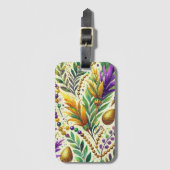 パープルグリーン金ゴールドマルディグラビーズ&フェザー ラゲッジタグ (正面縦)