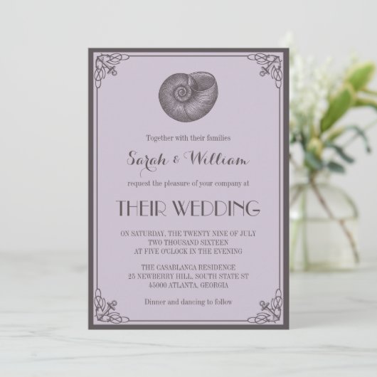 パープルグレイの貝殻を使った海事ウェディング招待状 招待状 (スタンド正面)