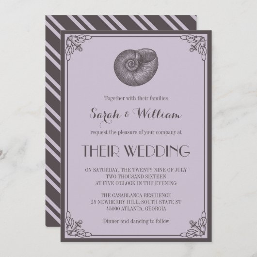 パープルグレイの貝殻を使った海事ウェディング招待状 招待状 (正面/裏面)