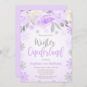 パープルグレイフローラ冬ワンダーランド1歳の誕生日 招待状 (正面/裏面)