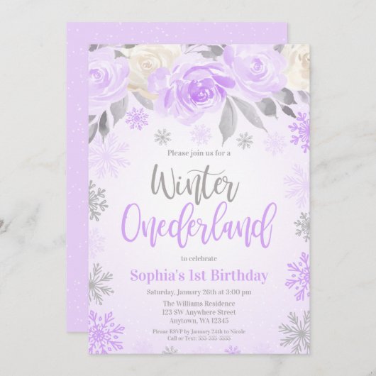 パープルグレイフローラ冬ワンダーランド1歳の誕生日 招待状 (正面/裏面)