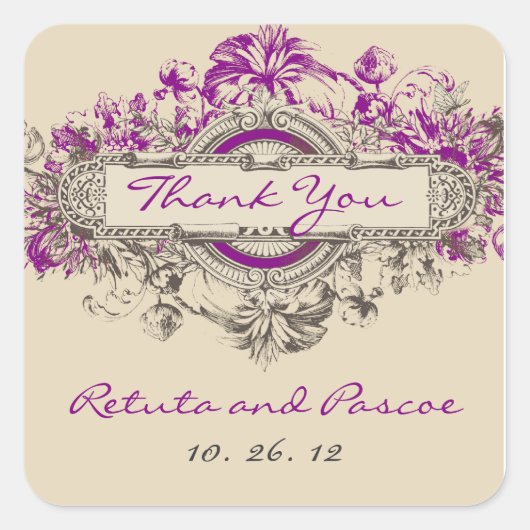 パープルグレイヴィンテージ結婚フローラサンキュー スクエアシール (正面)