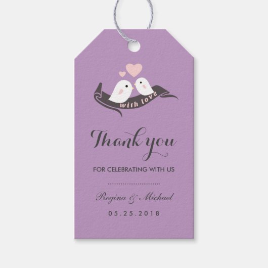パープルグレイ可愛い愛結婚鳥の贈り物ラベル ギフトタグ (正面)