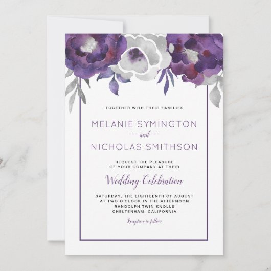 パープルグレイ結婚フローラお祝い招待状 招待状 (正面)