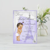 パープルグレイ ヴィンテージ パリ ベビーシャワー 招待状 (スタンド正面)