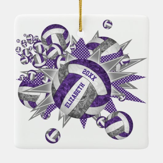 パープルグレーガーリーのバレーボール吹き出しスポーツ セラミックオーナメント (裏面)