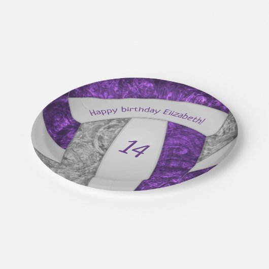 パープルグレーガーリーバレーボール誕生日パーティー ペーパープレート (アングル)