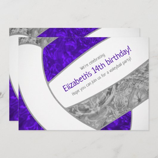 パープルグレーガーリーバレーボール誕生日パーティー 招待状 (正面/裏面)