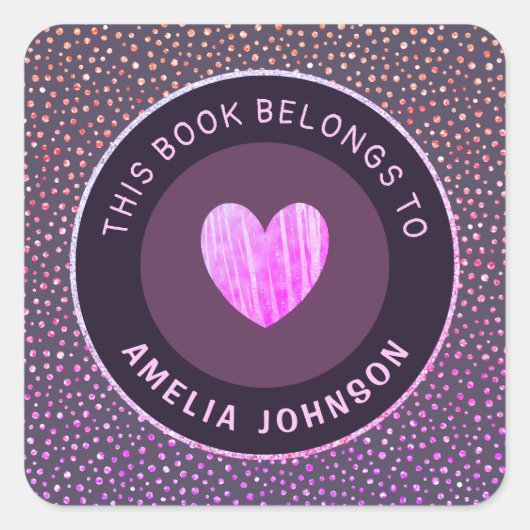 パープルグレーグリッターアンドハート新学期シック スクエアシール (正面)