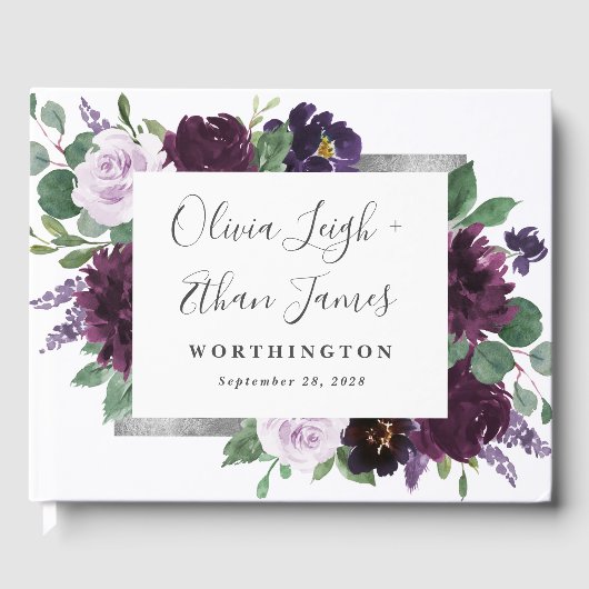 パープルグレーシルバーウォーターカラー牡丹秋の結婚式 ゲストブック (正面)