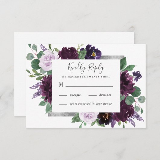 パープルグレーシルバーウォーターカラー牡丹秋の結婚式 出欠カード (正面/裏面)