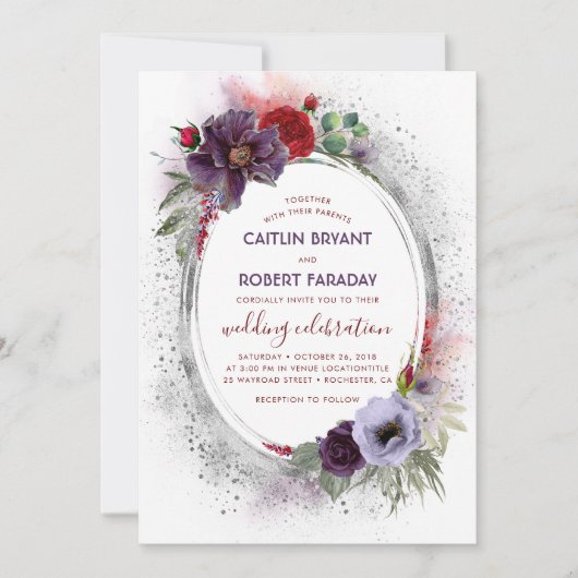 パープルグレーシルバーウォーターカラー牡丹秋の結婚式 招待状 (正面)