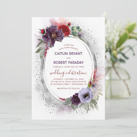 パープルグレーシルバーウォーターカラー牡丹秋の結婚式 招待状 (スタンド正面)