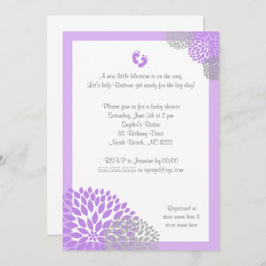 パープルグレーダリアベビーシャワー招待状と足 招待状 (正面/裏面)