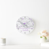 パープルグレーバードオンブランチ子供部屋ウォールクロック ラウンド壁時計 (ホーム)