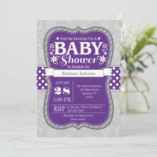 パープルグレーフローラフラワーベビーシャワー招待状 招待状 (スタンド正面)